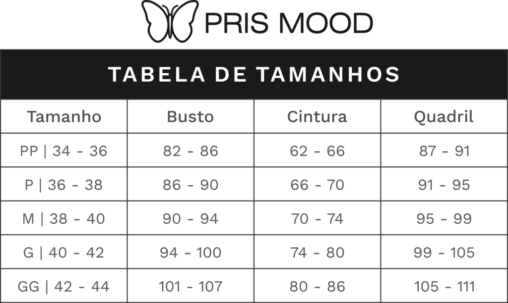 tabela com tamanhos pris mood